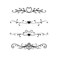 Decorative simple divider. Text dividers retro minimal line separators, elegant doodle frame borders. Vector isolated geometric wedding card heart separator elements set. 
