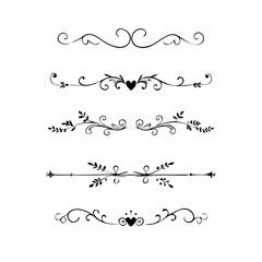 Obraz premium Decorative simple divider. Text dividers retro minimal line separators, elegant doodle frame borders. Vector isolated geometric wedding card heart separator elements set. 