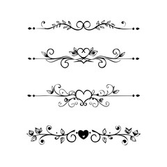 Decorative simple divider. Text dividers retro minimal line separators, elegant doodle frame borders. Vector isolated geometric wedding card heart separator elements set. 
