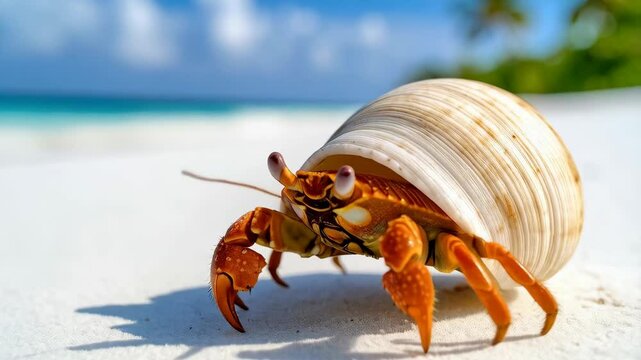 Hermit crab emerging from a shell on a pristine white sand beach near a turquoise ocean, under a bright sunny sky