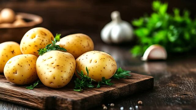 Elegant still-life shot of premium potatoes on a dark wooden surface, surrounded by herbs and garlic cloves, highlighting their culinary value