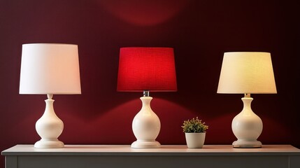 Three table lamps on a white surface against a deep maroon wall