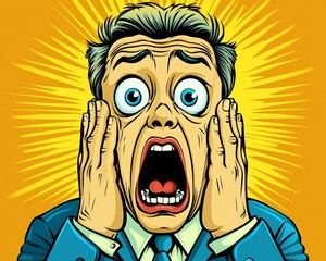 An expressive and dramatic portrayal of shock, capturing a man's wide-eyed horror and open mouth, symbolizing unexpected surprises and existential dread.