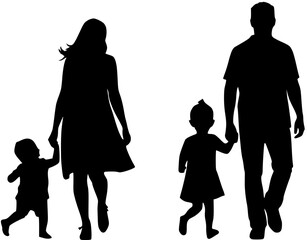 Family Silhouette: Parents and Children Holding Hands Walking