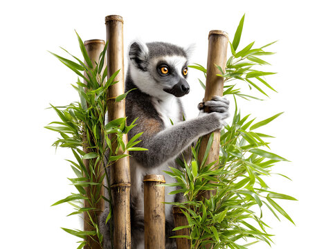 lemur climbing on bamboo against a transparent background