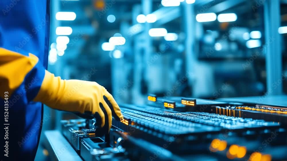 Aufkleber industrial setting with a technician wearing protective gloves running diagnostics on a complex lith