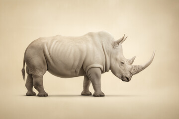 Obraz premium white rhinoceros in full profile standing against soft beige background in studio-style setting