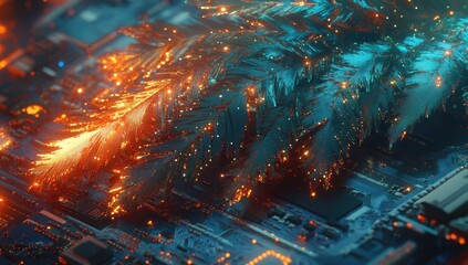 Abstract digital artwork of glowing,  detailed leaves on a circuit board