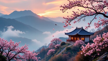 Fototapeta premium a traditional chinese courtyard house on a misty mountain, with cherry blossoms falling at dawn.