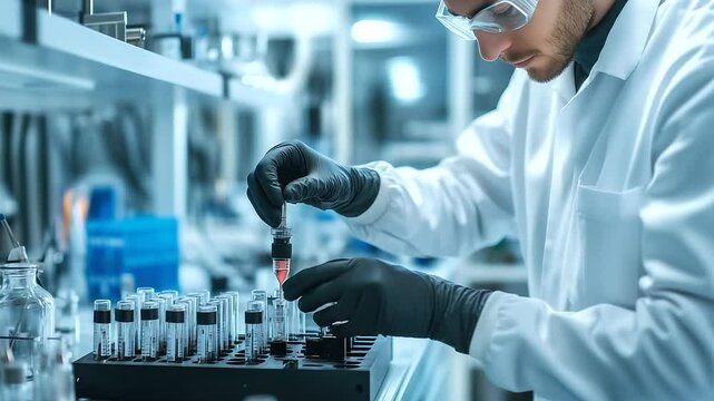 Laboratory filled with advanced tools as a technician with black insulated gloves checks for overheating issues in a lithium-ion battery module