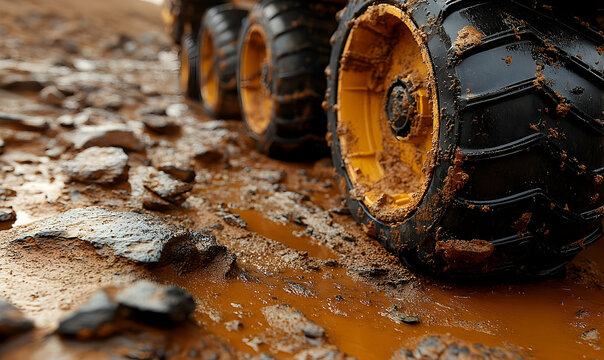 Large, dirty yellow and black wheels roll through muddy terrain with scattered rocks