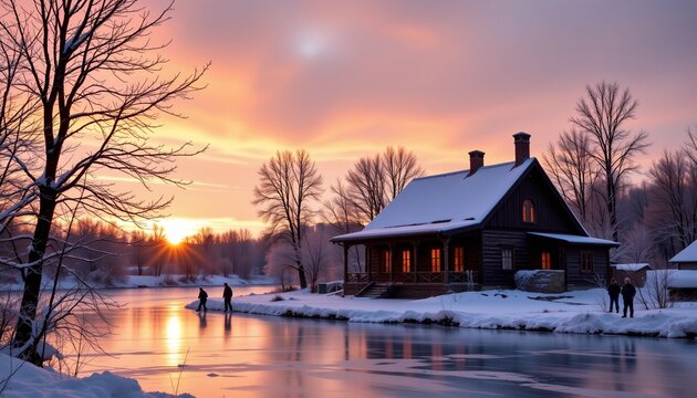 a traditional russian dacha on a frozen river, with ice skaters and a snowy sunset.