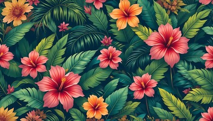 Colorful seamless floral pattern with tropical flowers and leaves, ideal for textile, wallpaper, packaging, and surface design.