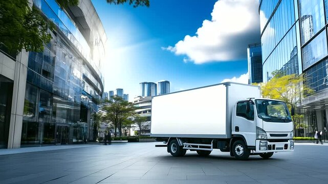 Truck parked in front of a modern mall, clean and stylishly decorated with ample space on the side for a promotional message or logo