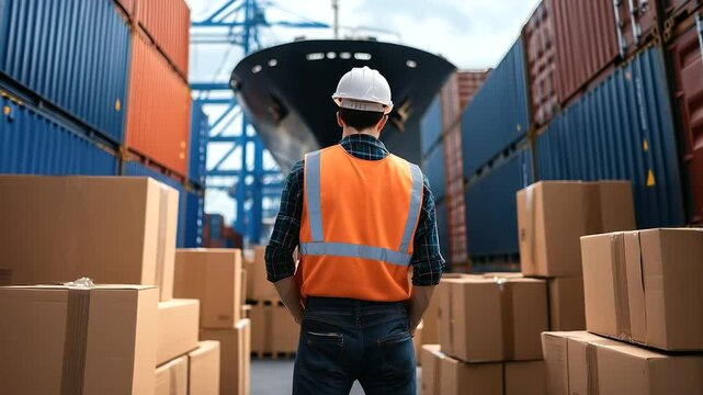 The worker inspects a blue shipping container surrounded by cardboard boxes of various sizes, with a large cargo ship docked in the background