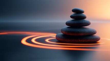 Stacked Stones on Rippling Water Surface Under Warm Sunset Glow