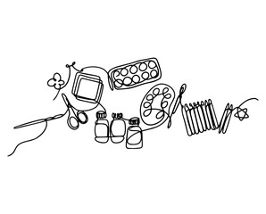 Illustration with a set of items for children's creativity, hand-drawn in line art style.