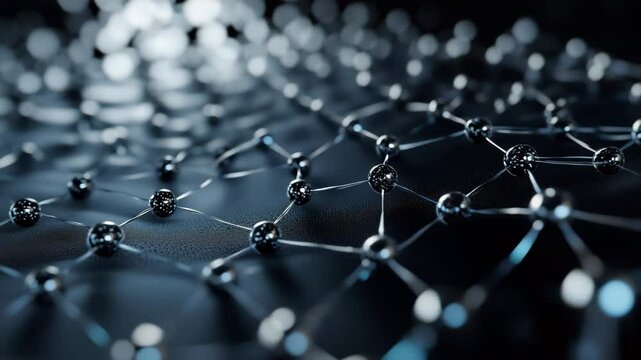 A close up of a network of small spheres. The spheres are connected to each other in a web-like pattern. Concept of complexity and interconnectedness, as well as the idea of a network or system