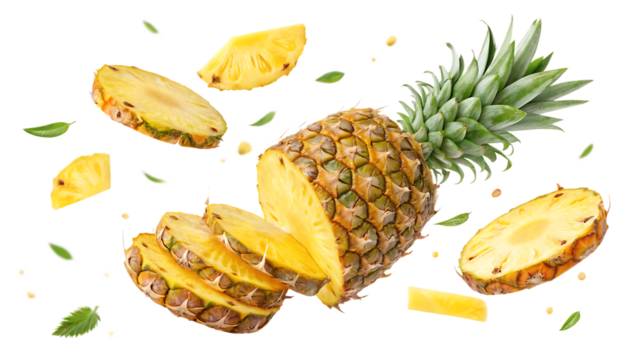 flying pineapple fruit and half slices isolated on white background PNG