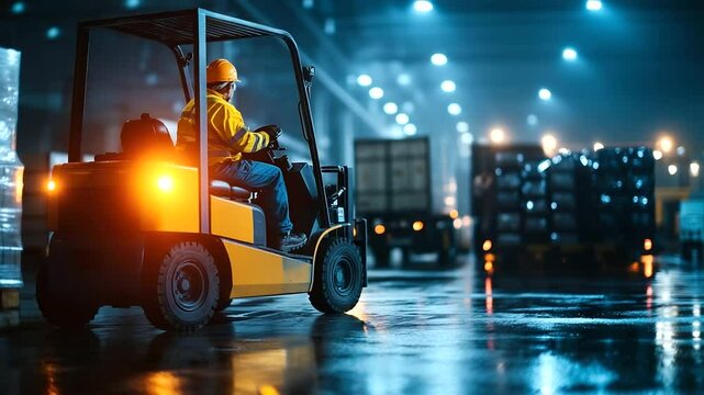 Workers in safety helmets operate forklifts under floodlights at dusk, carefully unloading machinery parts from open cargo trailers