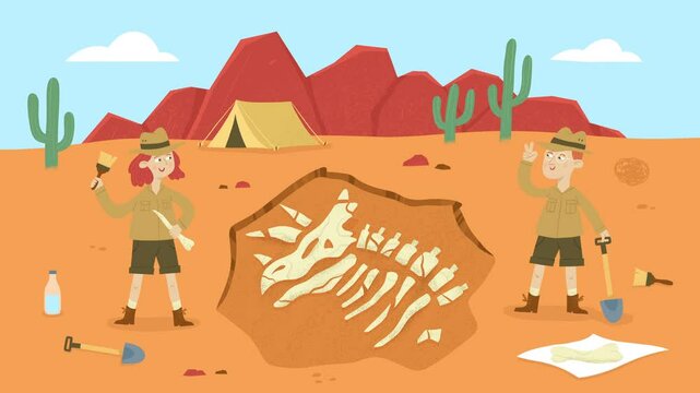 Cartoon-style animation of two young paleontologists discovering dinosaur fossils in a desert excavation site. The kids are holding tools, and smiling near a large fossilized skeleton. 4K.