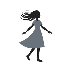 Girl walking in wind silhouette dress hair blowing