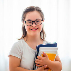  A smiling young beautiful student with Down syndrome and glasses holds books against a white background in a bright environment, exuding joy and optimism