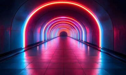 Long tunnel with a red and blue neon archway glowing, tiled floor, and curved walls fading into darkness