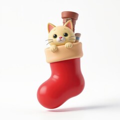 Fototapeta premium Festive cat in a christmas stocking holiday decor 3d animation cozy indoor setting playful perspective whimsical for holiday cheer