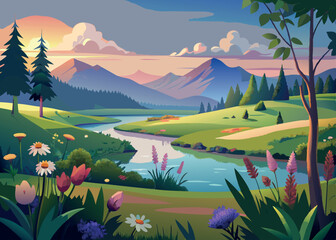 Fototapeta premium Serene landscape illustration depicting a tranquil river flowing through a mountainous valley at sunset