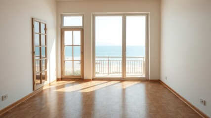 Obraz premium Bright sunlight fills an empty room with a view of the calming blue ocean and beautiful sandy shore