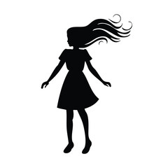 Silhouette of girl in dress with flowing hair in wind