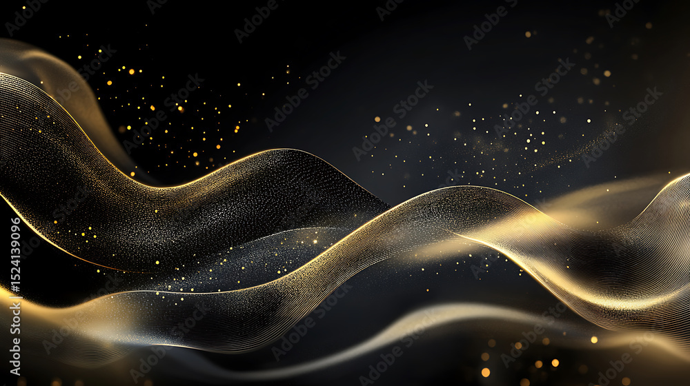 Poster elegant abstract background with golden waves and sparkling dust shimmering against a dark gradient 