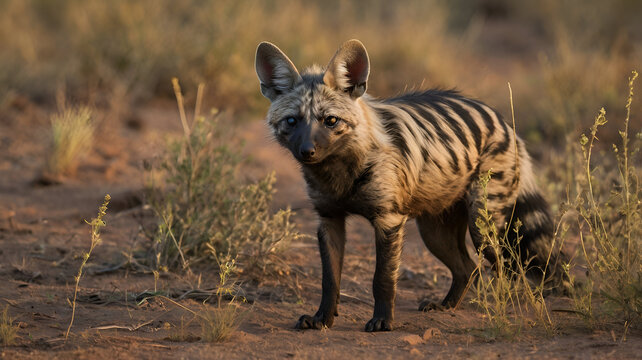 In the soft light of dusk, an aardwolf emerges cautiously from its burrow in the dry African savanna