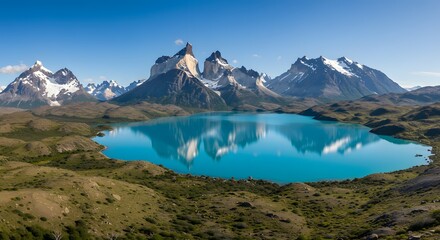 Obraz premium This national park in Alaska presents a majestic mountain landscape with snow-covered peaks and their reflection in the clear lake water