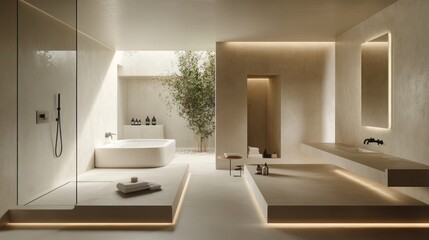 Serene Minimalist Bathroom Design:  A sanctuary of calm and modern luxury, featuring a freestanding tub, sleek fixtures, and natural light.