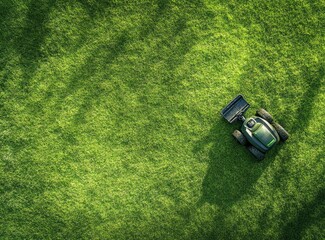 Aerial view of robotic lawnmower on a lush green lawn.