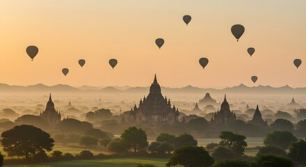 Sunrise Balloons over Bagan: A breathtaking panorama of Bagan, Myanmar at sunrise.