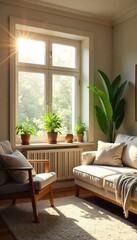Serene living room with sunlight streaming through window, plants, and comfortable seating suggesting a peaceful and joyful atmosphere , cushions, plants