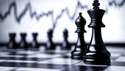 Black chess pieces on a chessboard, market trends in background