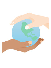 vector illustration of two diverse hands holding a globe