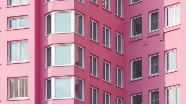 Angle view of a pink residential building displaying architectural details with symmetrical window arrangements under natural lighting - Powered by Adobe