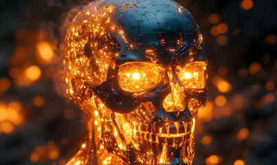 Metallic skull glowing orange and yellow amidst a dark, blurred background with embers or sparks