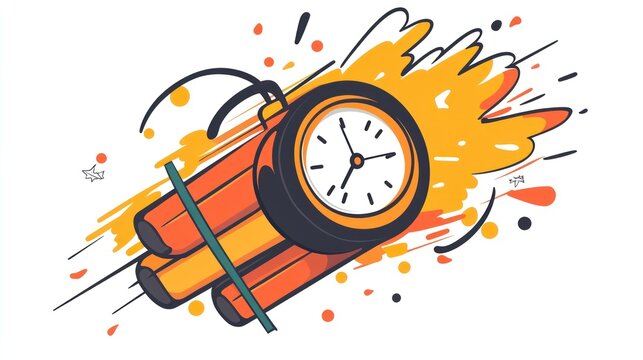 A stylized cartoon bomb with a clock face rapidly moving, engulfed in fiery orange and yellow splashes, suggesting urgency and a ticking time limit.  Motion lines indicate speed