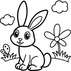 Cute Rabbit and Nature Coloring Page Vector Design for Kids