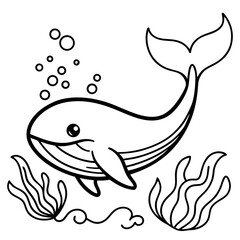 "Cute Cartoon Whale Underwater with Bubbles and Seaweed Coloring page vector design for kids"