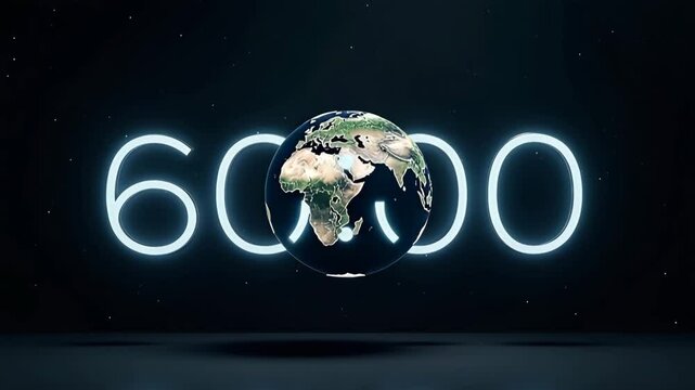 Global warming concept image showing earth surrounded by neon 6000 number.  Image depicts climate change and environmental issues.  Global warming awareness campaign requires impactful imagery.