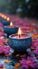 Burning Candles in Decorative Bowls with Scattered Flower Petals