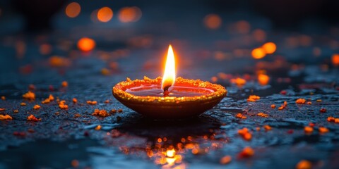 Diwali Oil Lamp Glowing with Warm Light on Reflective Surface at Night