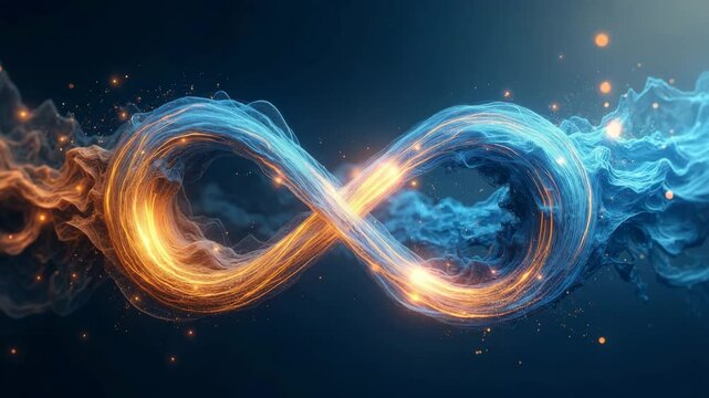 Abstract infinity symbol with glowing blue and orange energy swirls.  Concept represents endless possibilities, eternal cycle, and continuous flow.  Perfect infinity symbol for spiritual,